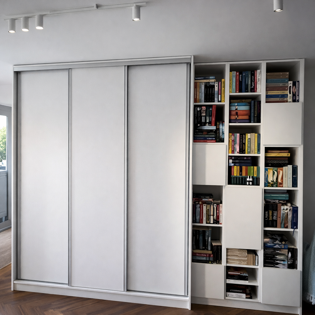 Tolóajtós gardrób és mellette polcos könyves tároló fehér kivitelben